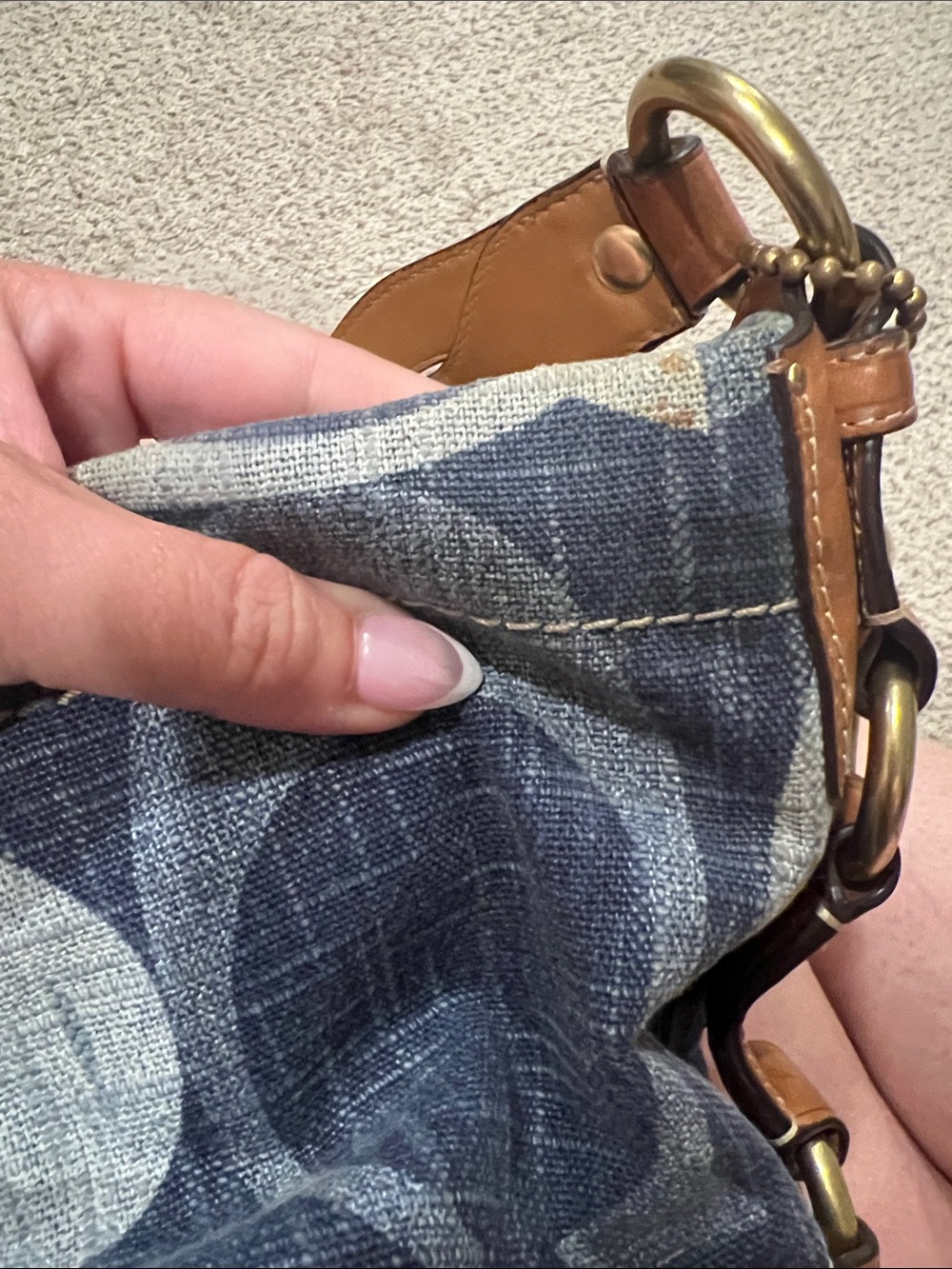 Vintage Coach Denim Carly Logo-Print Shoulder Bag in Navy and Tan - Picture 11 of 11